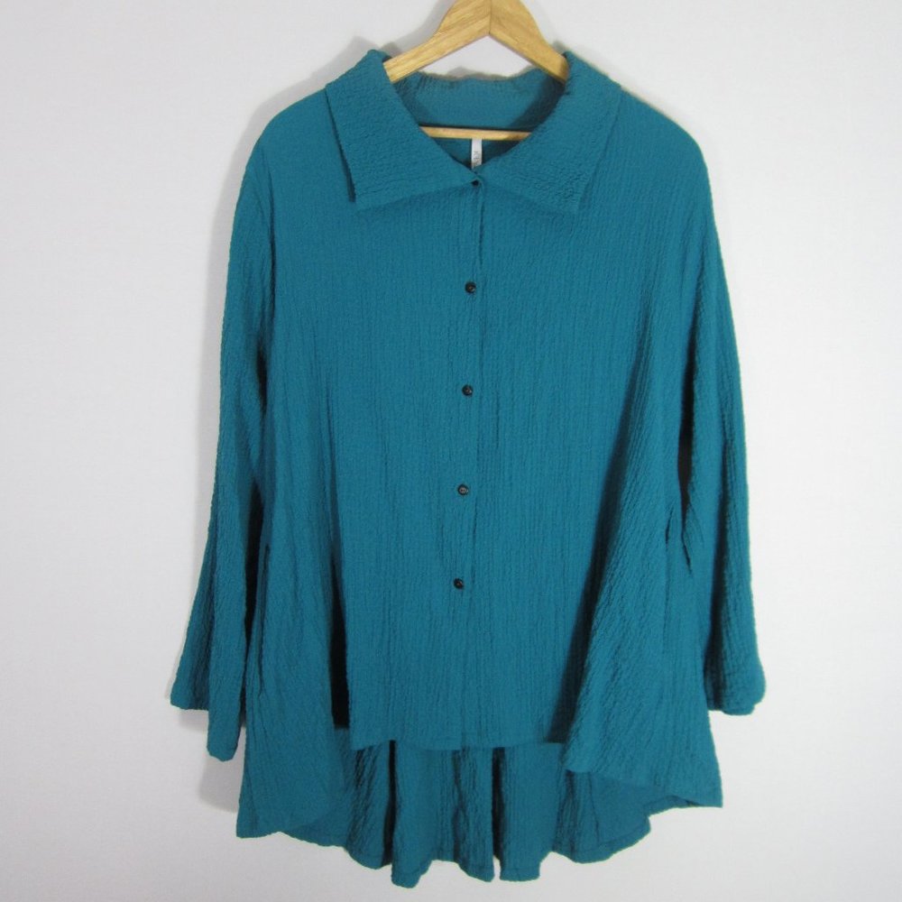 Kiyo Womens Medium Teal Blue Green LS Crinkle Hi Low Tunic Top Lagenlook Relaxed